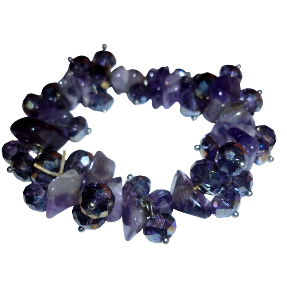 Amethyst Chip & Rhinestone Bead Stretch Bracelet Gemstone Healing Crystal‎ Boho